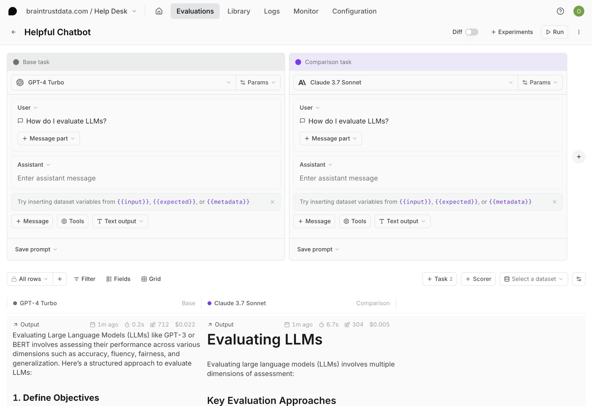 Braintrust Playground showing two prompt variants compared side by side